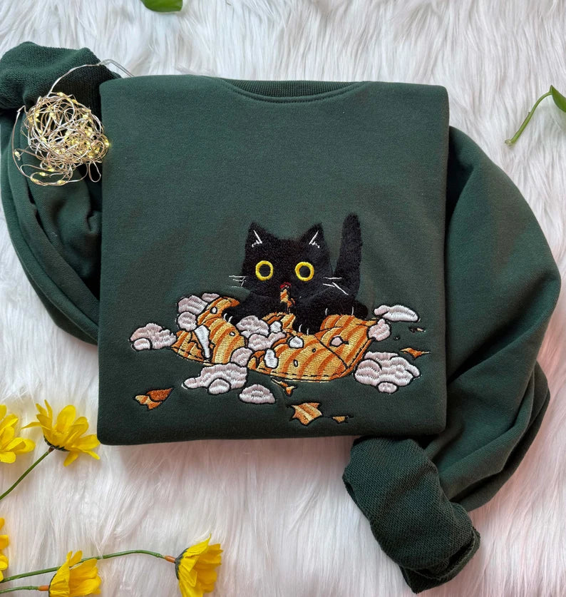 ZAOTIFY Black Cat Play Pillow Embroidered Sweatshirt Zaotify