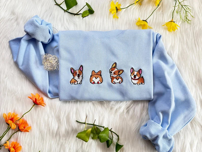 ZAOTIFY Embroidered Four Cute Corgi Sweatshirt