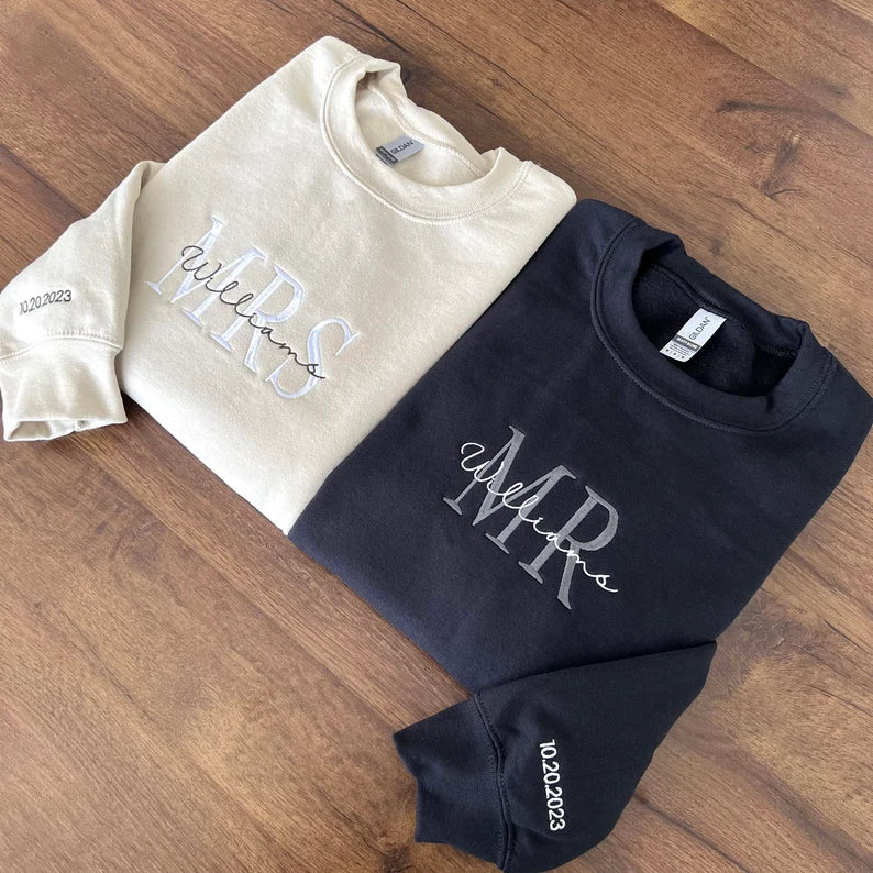 Custom Embroidered Mrs. Sweatshirt with Date On Sleeve