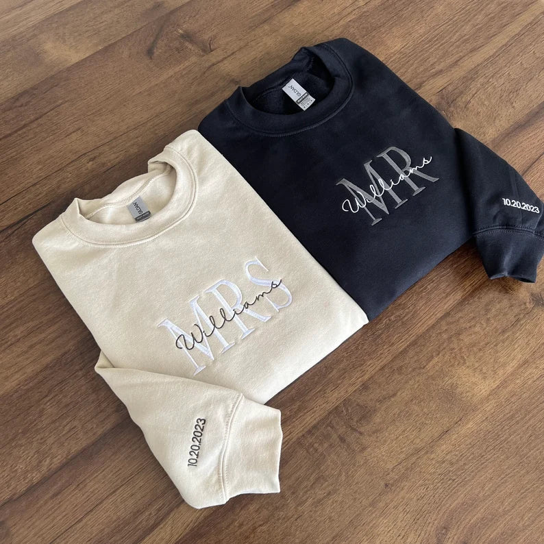 Custom Embroidered Mrs. Sweatshirt with Date On Sleeve