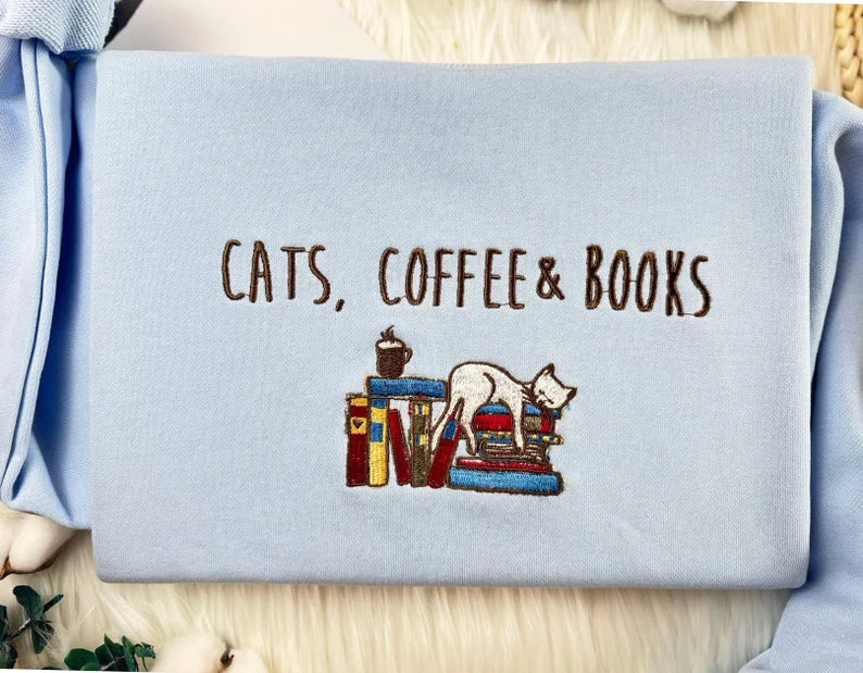 Embroidered  Book Coffee and Cat Sweatshirt