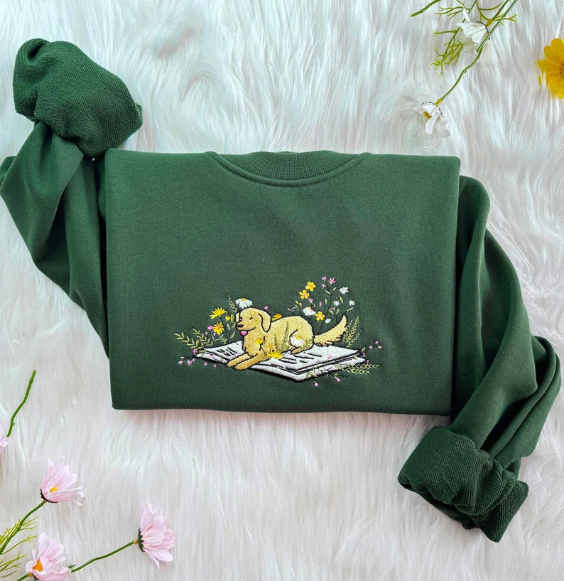 Cute Dog Lying on Book Embroidered Sweatshirt