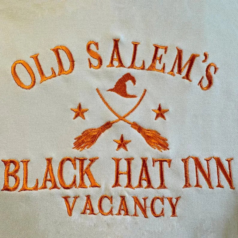 Embroidered Halloween Old Salem's  Black Hat Inn Vacancy Sweatshirt