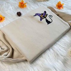 Embroidered Halloween Cute Cat with Hat Witch Sweatshirt