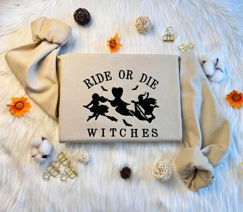 Ride Or Die Witches Halloween Embroidered Sweatshirt