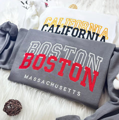 Quality embroidered grey boston and california sweatshirt details