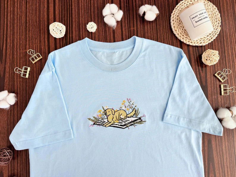 Cute Dog Lying on Book Embroidered Shirt