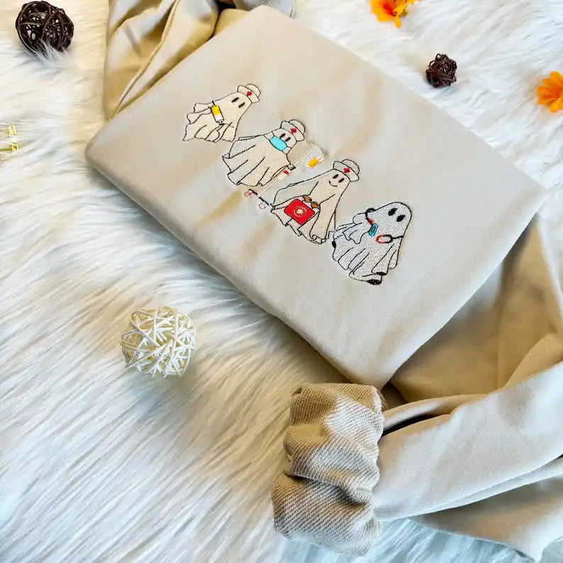 Embroidered Halloween Cute Nurse and Ghost Doctor Sweatshirt