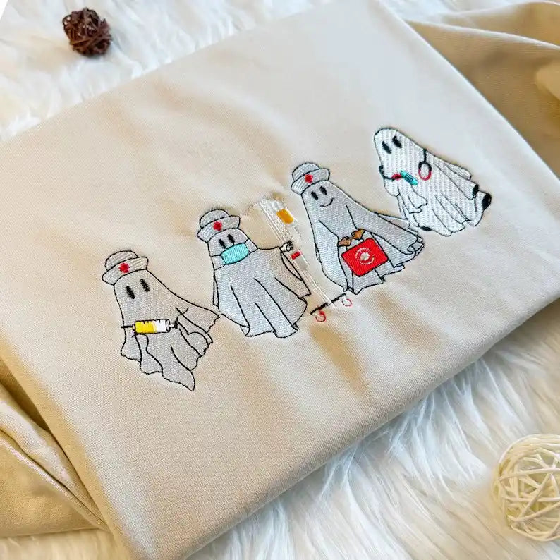 Embroidered Halloween Cute Nurse and Ghost Doctor Sweatshirt