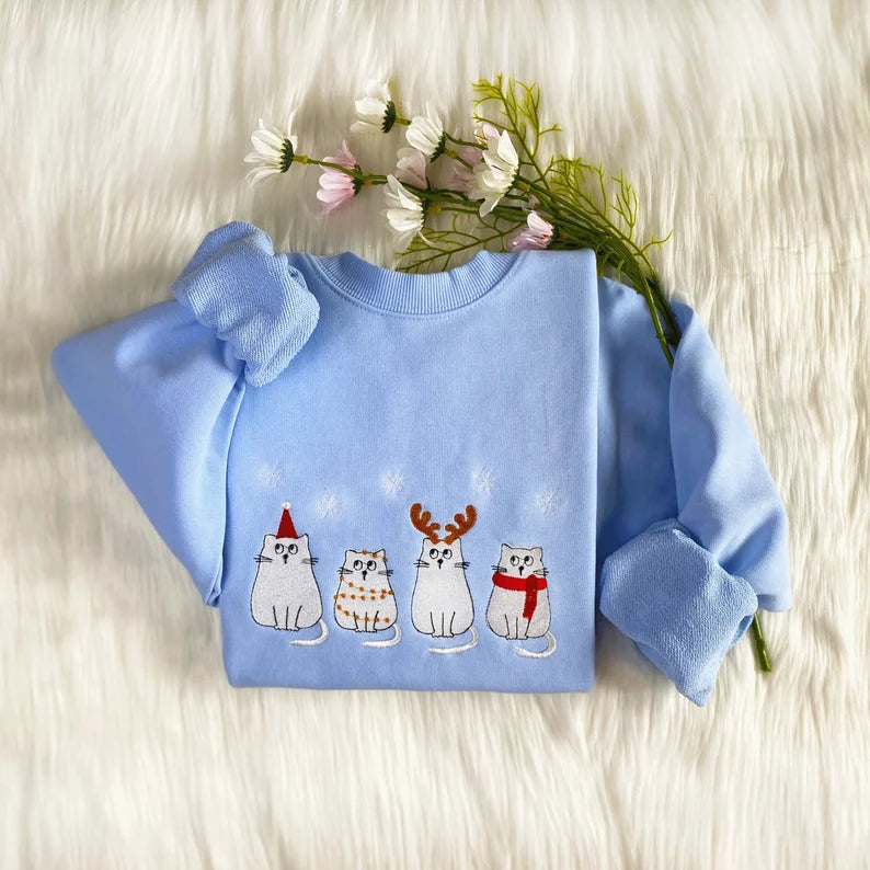 Embroidered Cute Four Christmas Cat Sweatshirt