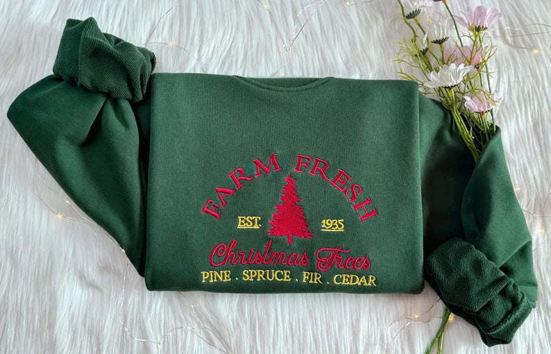 Embroidered Farm Fresh Trees Christmas Sweatshirt