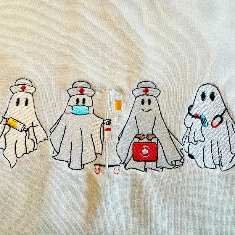 Embroidered Halloween Cute Nurse and Ghost Doctor Sweatshirt