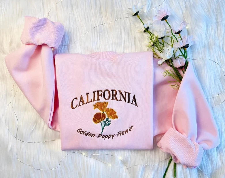 Embroidered Golden Poppy Flower California Sweatshirt