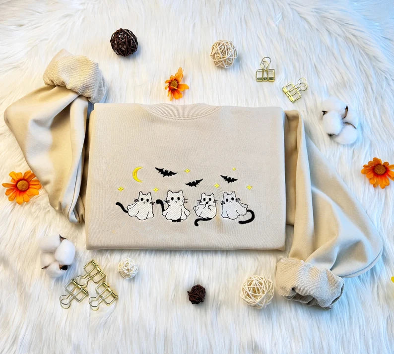 Embroidered Ghost Halloween Cat Sweatshirt