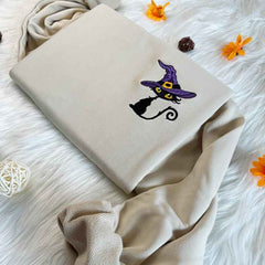 Embroidered Halloween Cute Cat with Hat Witch Sweatshirt