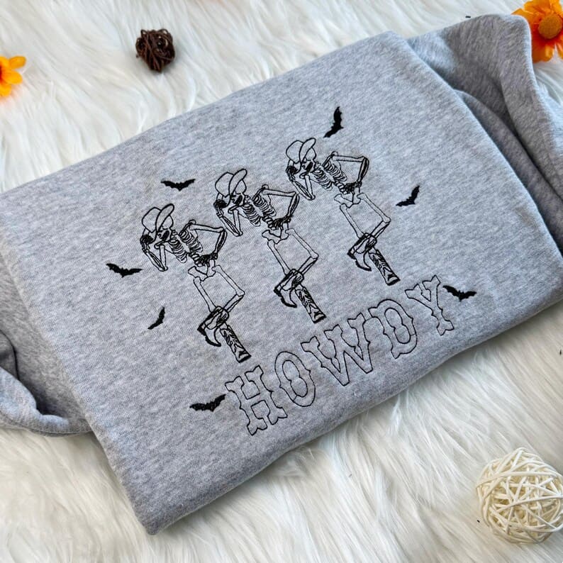 Embroidered Halloween Skeleton Howdy Sweatshirt