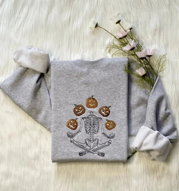 Embroidered Halloween Meditation Skeleton Sweatshirt