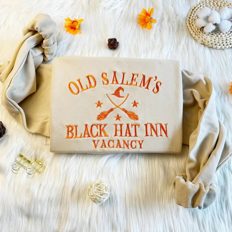 Embroidered Halloween Old Salem's  Black Hat Inn Vacancy Sweatshirt