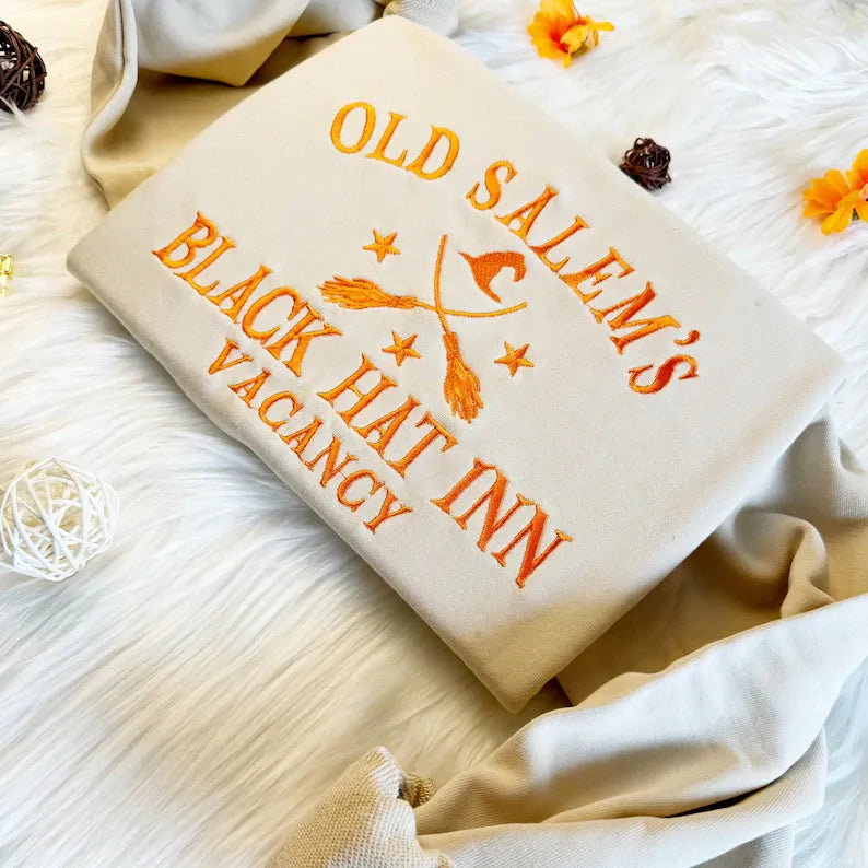 Embroidered Halloween Old Salem's  Black Hat Inn Vacancy Sweatshirt