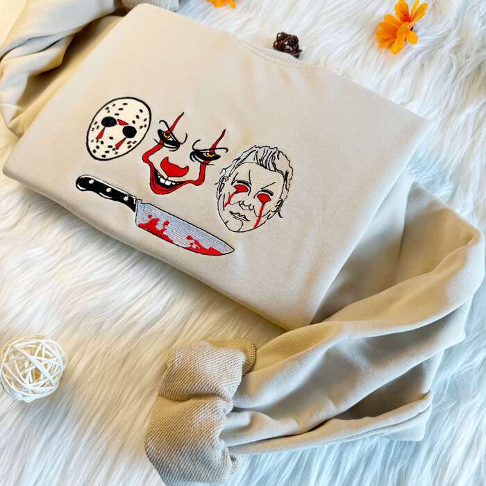 Embroidered Vintage Halloween Sweatshirt For Horror Movie Fan