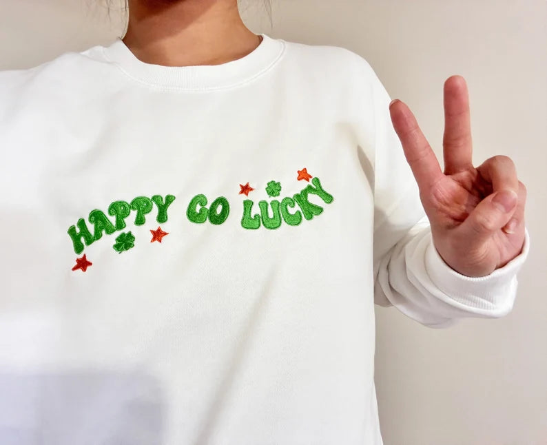 Embroidered Happy Go Lucky Crewneck Sweatshirt