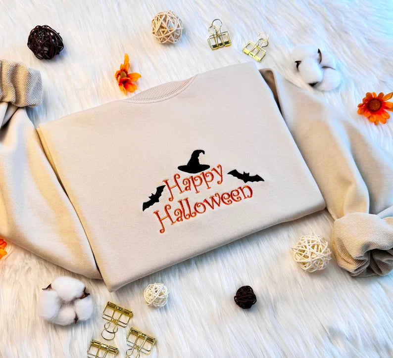 Embroidered Happy Halloween with Witch Hat Sweatshirt