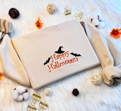 Embroidered Happy Halloween with Witch Hat Sweatshirt