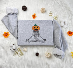 Embroidered Meditation Pumpkin Skeleton Sweatshirt