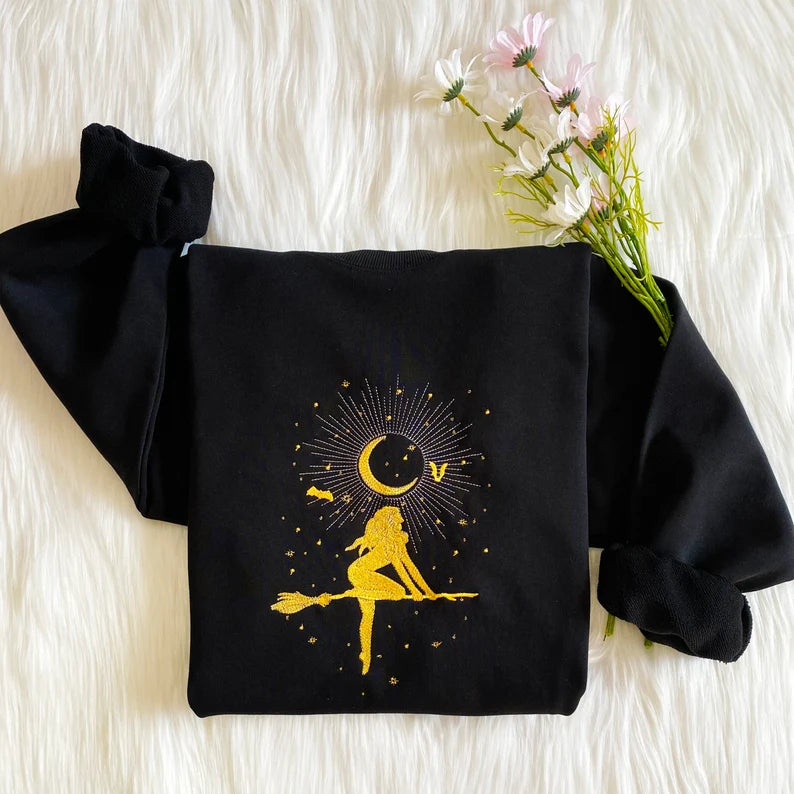 Embroidered Moon and Witch Sweatshirt