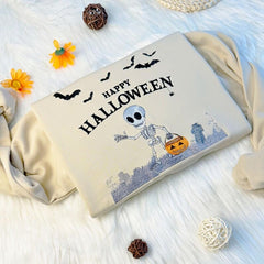 Embroidered Skeleton With Pumpkin Lantern in Cemetery Halloween Sweatshirt