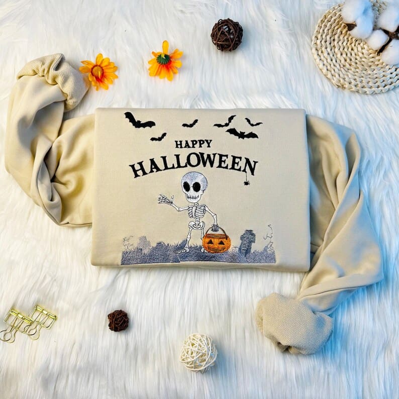 Embroidered Skeleton With Pumpkin Lantern in Cemetery Halloween Sweatshirt