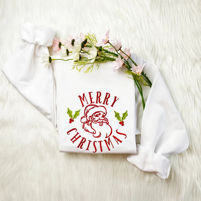 Embroidered Christmas Vintage Santa Merry Christmas Sweatshirt