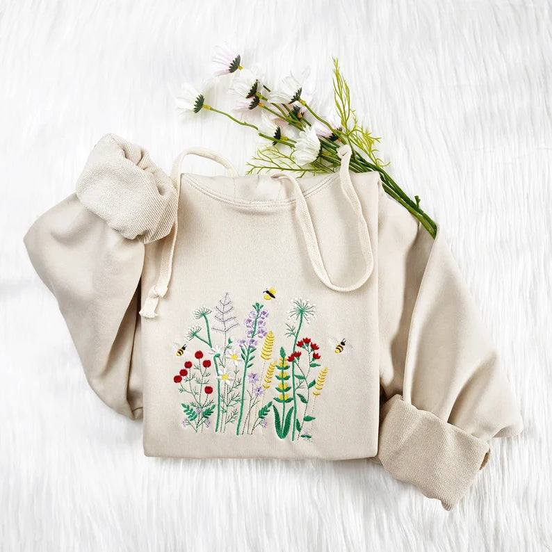 Embroidered Wildflower With Honey Bee Hoodies