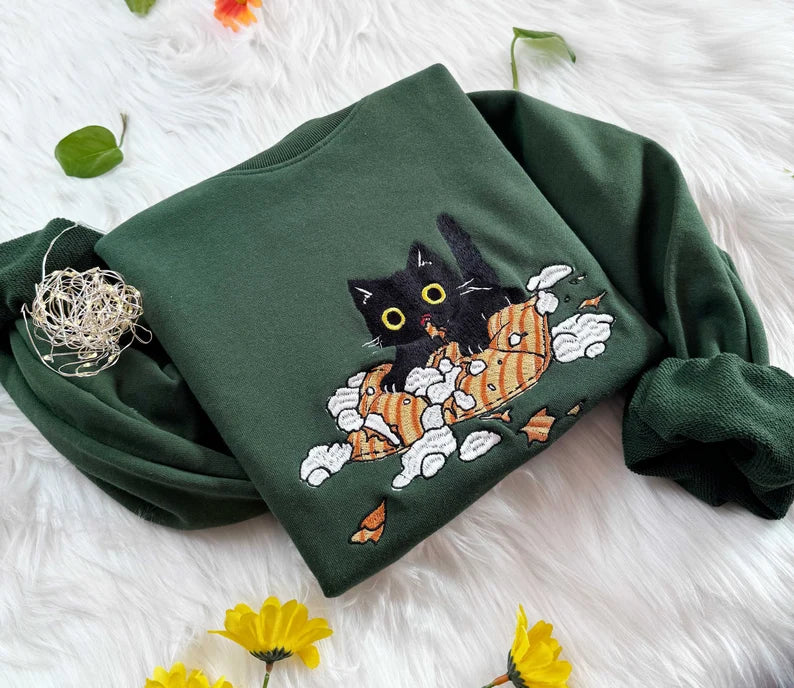 Zaotify green coloor black cat play pillow embroidered sweatshirt