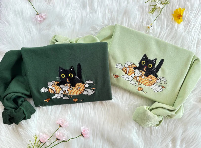 Embroidered Cute Black Cat Play Pillow Sweatshirt Lovely Unique Gift