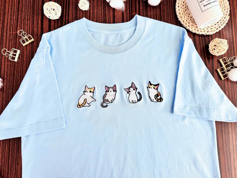 Unisex Embroidered Four Cute Cats Shirt