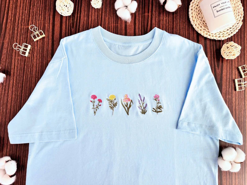 Unisex Embroidered Four Wild Flower Shirt